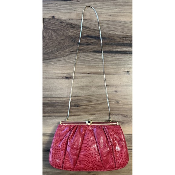 Judith Leiber Vintage Red Lizard Leather Evening Bag Heart Clasp Gold Frame Rare